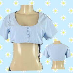 Swimsuits For All L Blue Ribbed Lined Scoop Neckline Short Sleeve Crop Swim Top
